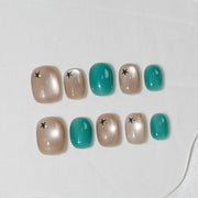 Handmade Short Squoval Round Press-On Nails - Green Magnet Minimalist Sweet 10 Pcs #261