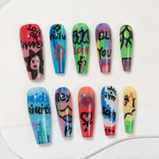 Ongles press-on faits main Long Coffin Ballerine – Rouge Bleu Vert Peint à la main Été Glamour 10 pièces #270