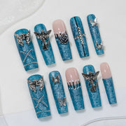 Ongles press-on faits main Long Coffin Ballerine – Bleu Beige nude Y2K Glamour 3D 10 pièces #269