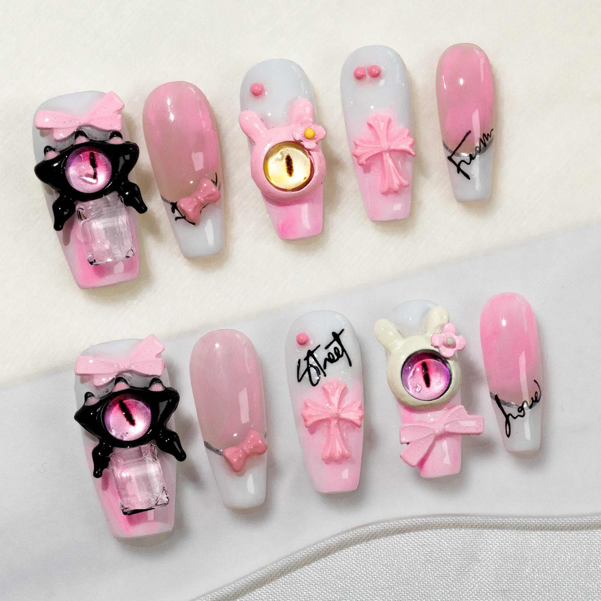 Ongles press-on faits main Moyen Coffin Ballerine – Rose Y2K 3D Été 10 pièces #271