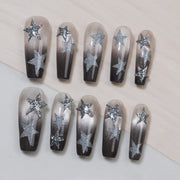 Handmade Long Coffin Ballerina Press-On Nails - Silver Ombre 10 Pcs #263