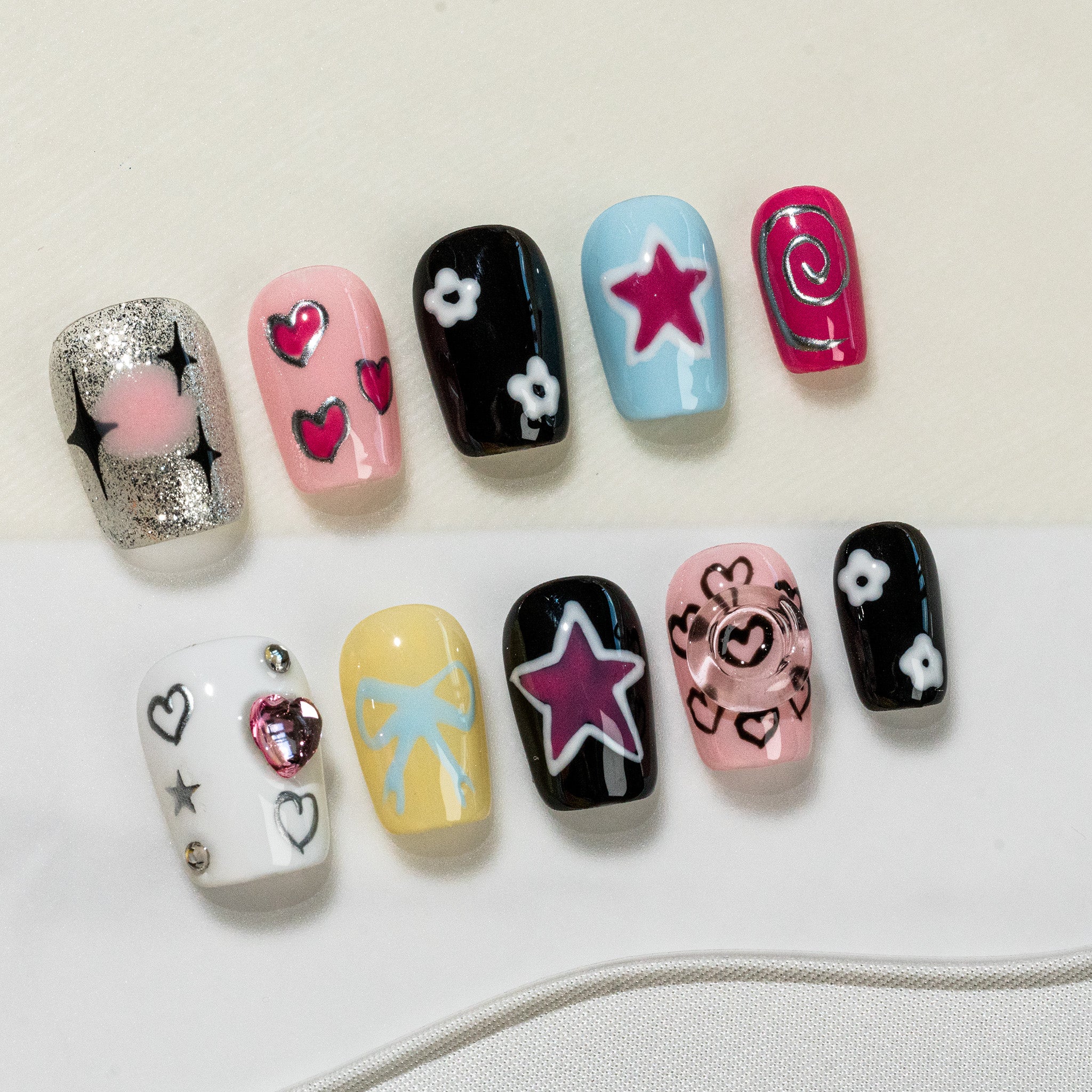 Handmade Short Coffin Ballerina Press-On Nails - White Y2K Sweet Summer 10 Pcs #272