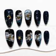Handmade Medium Almond Press-On Nails - Black Ombre Hand-Painted Elegant 10 Pcs #274