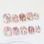 Handmade Short Squoval Round Press-On Nails - Pink Flower Spring Hand-Painted 10 Pcs #273