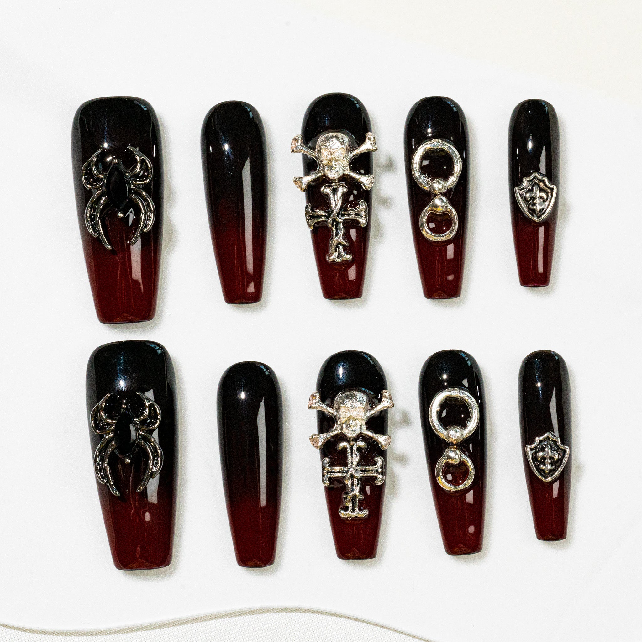 Handmade Long Coffin Ballerina Press-On Nails - Black Ombre Halloween 10 Pcs #275