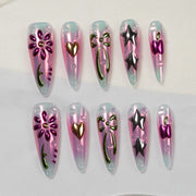Handmade Long Stiletto Amlond Press-On Nails - Pink 3D Flower Hand-Painted 10 Pcs #277