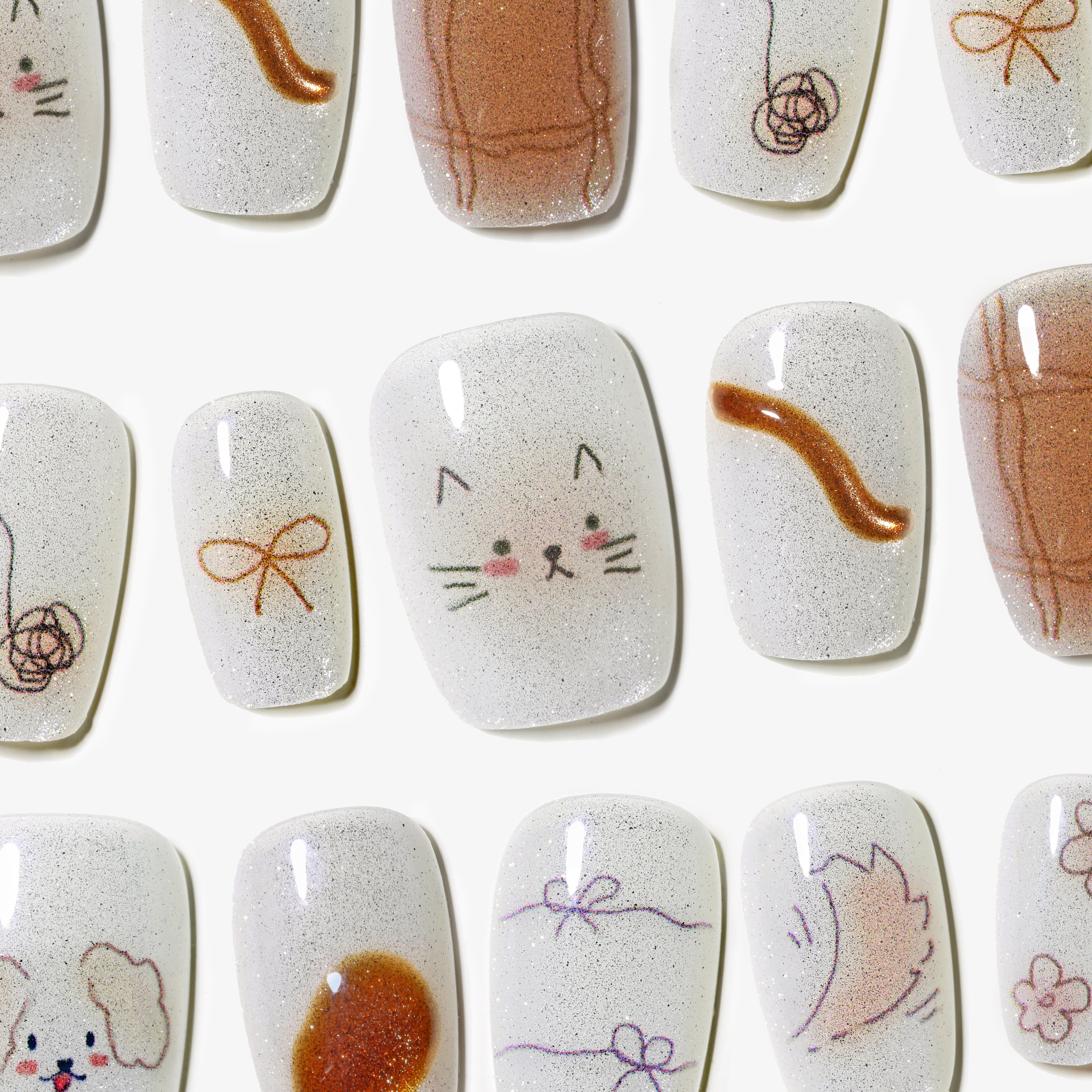 Handmade Short Square Press-On Nails - White Brown Kitten Puppy Sweet 10 Pcs #146
