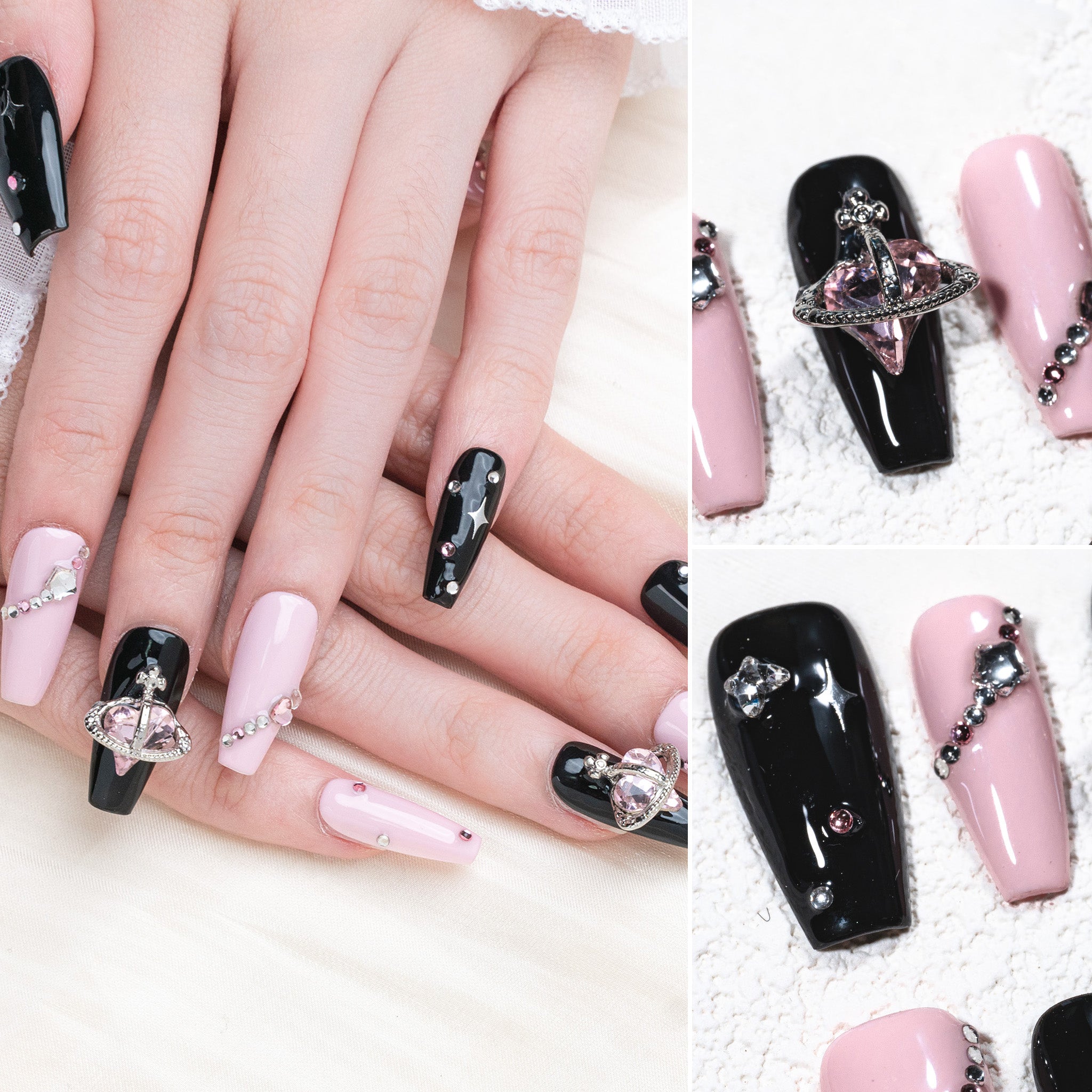 Handmade Medium Coffin Ballerina Press-On Nails - Pink Black Y2K Trendy Minimalist 10 Pcs #244