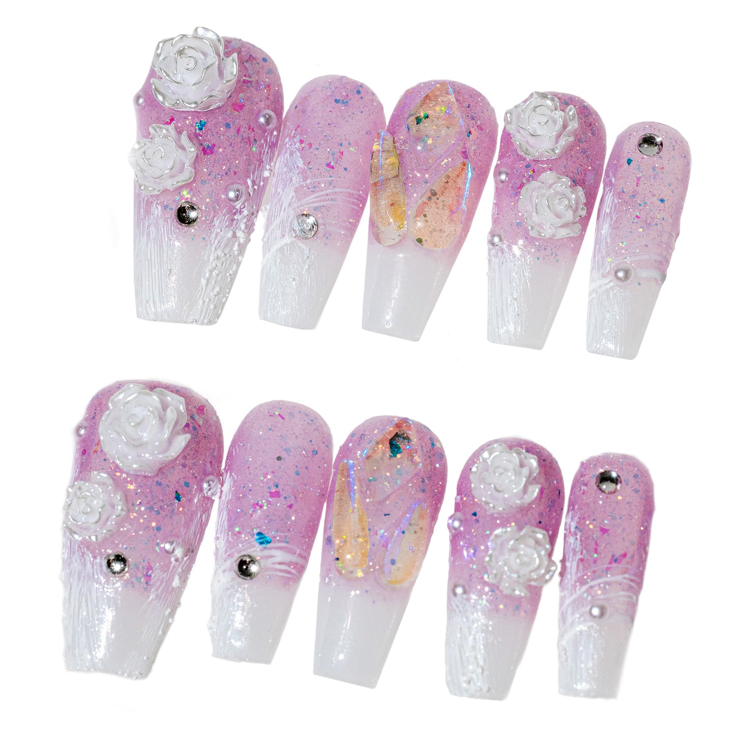 Handmade Press-on Nails Medium Long Coffin Ballerina Purple White 3D Flower Design 10Pcs HM004