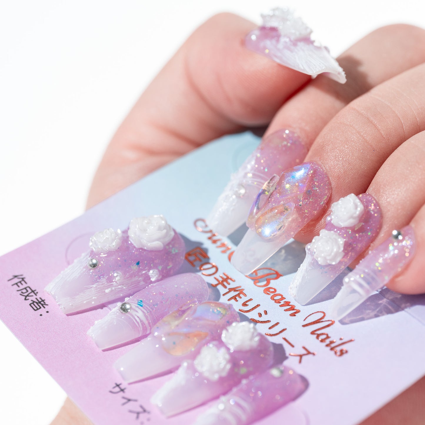 Handmade Press-on Nails Medium Long Coffin Ballerina Purple White 3D Flower Design 10Pcs HM004