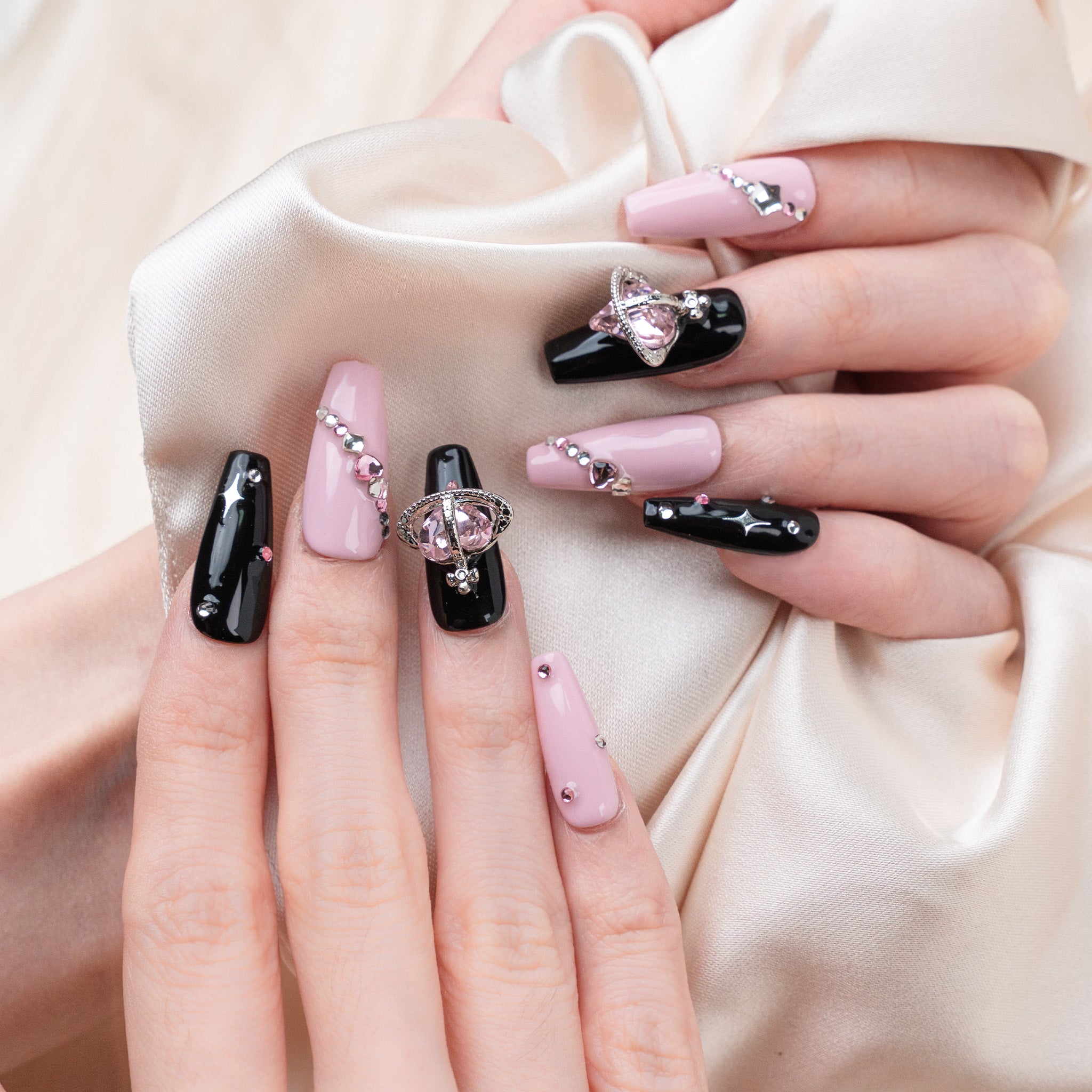 Handmade Medium Coffin Ballerina Press-On Nails - Pink Black Y2K Trendy Minimalist 10 Pcs #244