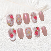Handmade Medium Oval Press-On Nails - Pink Cartoon glossy Hand-Painted 10 Pcs #237