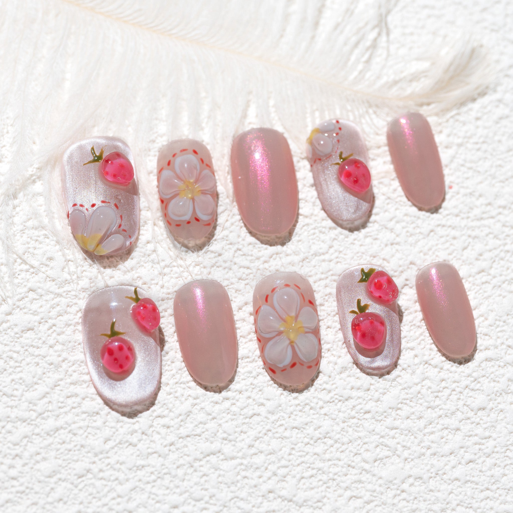 Handmade Medium Oval Press-On Nails - Pink Cartoon glossy Hand-Painted 10 Pcs #237