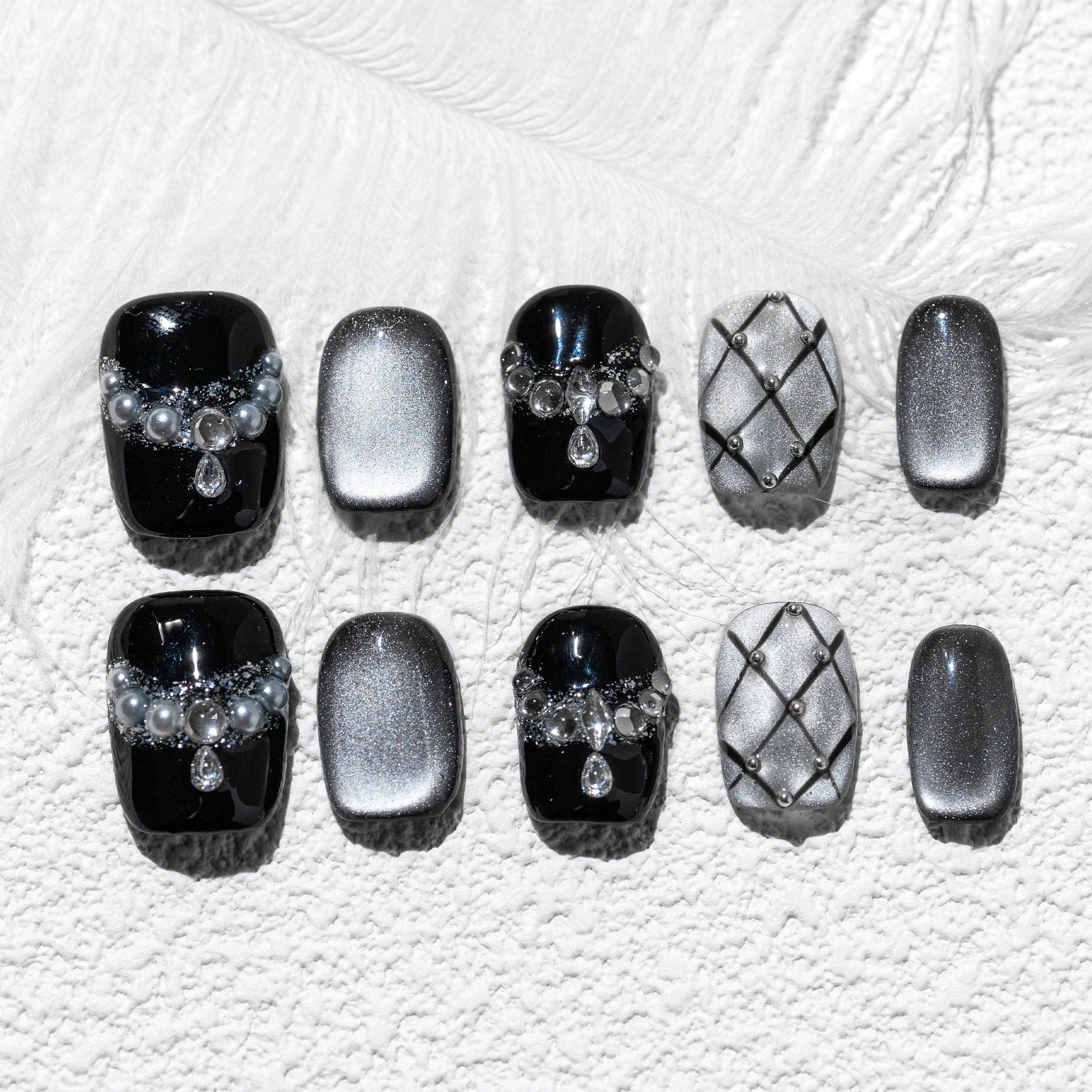 Handmade Short Squoval Round Press-On Nails - Black Rhinestone glossy Hand-Painted 10 Pcs #238