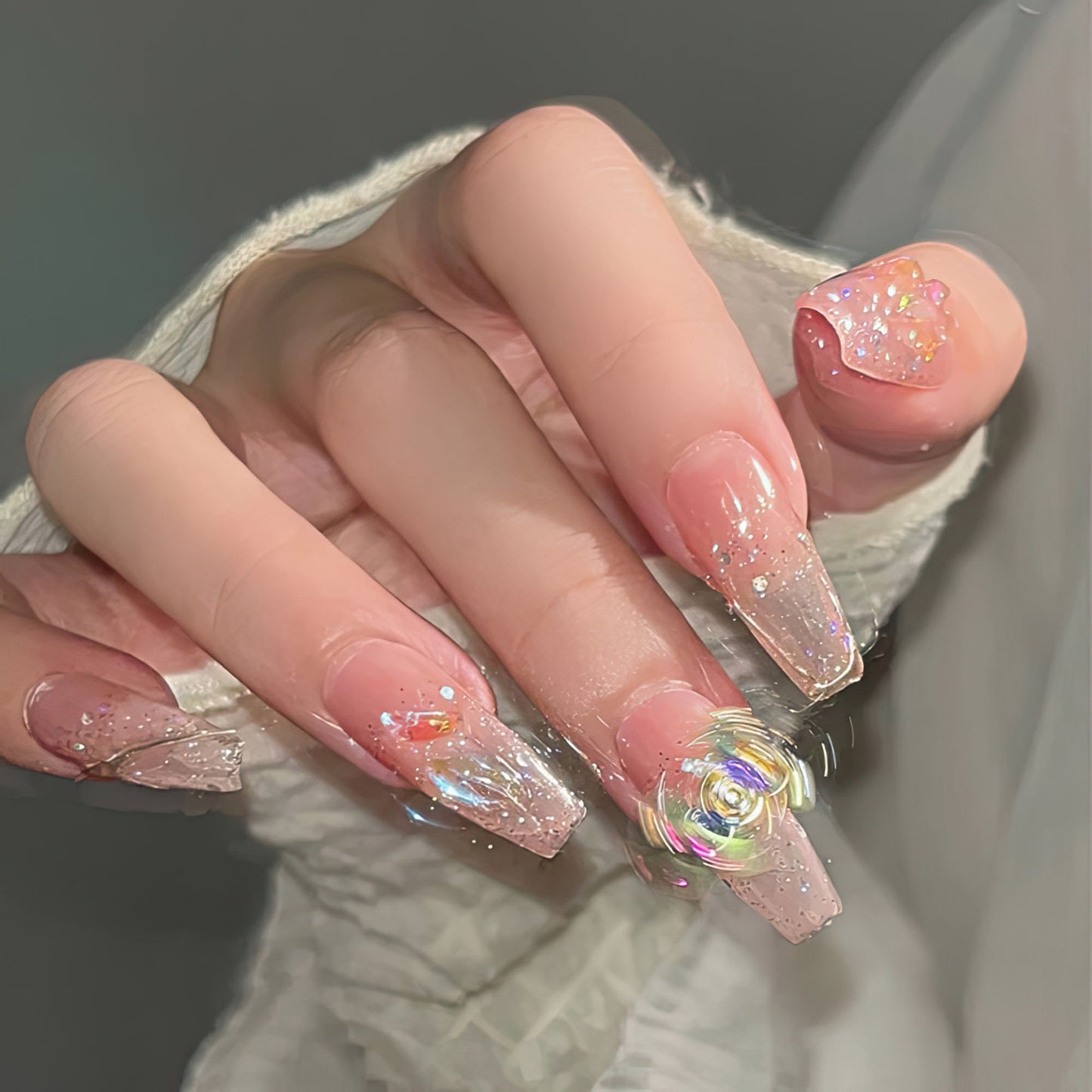 Handmade Press-on Nails Medium Long Coffin Ballerina Beige Pink Rotatable Butterfly Design 10Pcs HM045