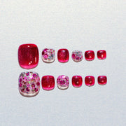 Handmade Short for Toes Press-On Nails - Pink Red Rhinestone Flower Hand-Painted 10 Pcs #223