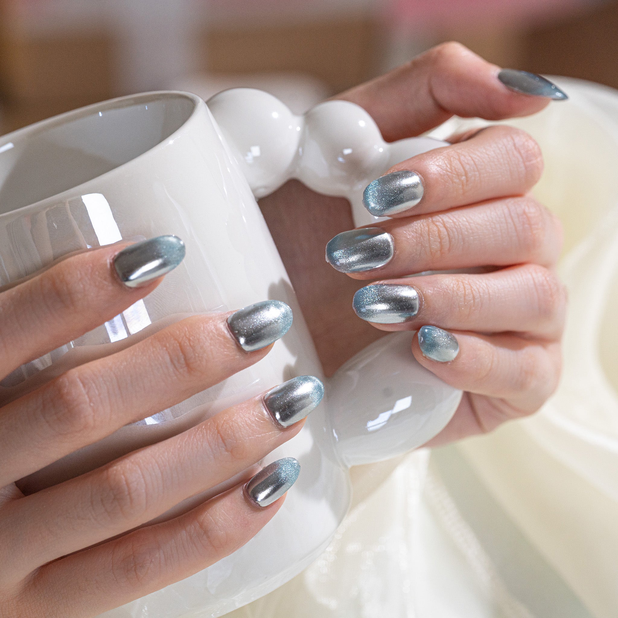 Handmade Short Almond Press-On Nails - Blue Silver Aurora Gradation glossy 10 Pcs #221