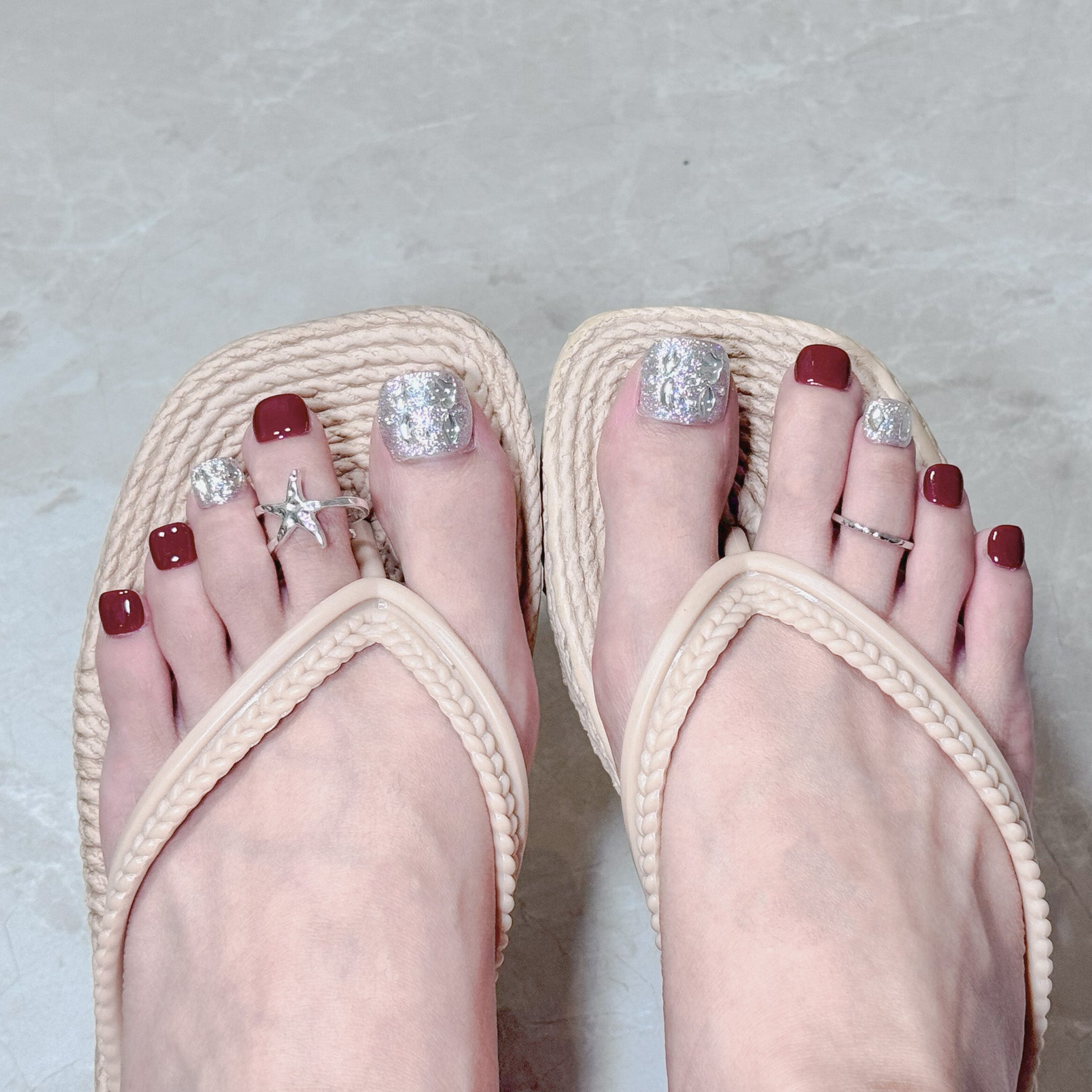 Handmade Short for Toes Press-On Nails - Red Silver Rhinestone Glitter Hand-Painted 10 Pcs #229
