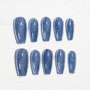 Handmade Medium Coffin Ballerina Press-On Nails - Blue Magnet Solid Color Minimalist 10 Pcs #243