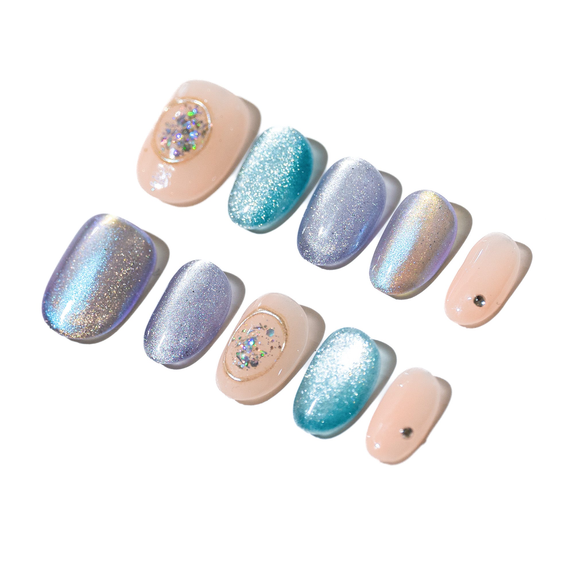 Handmade Short Round Press-On Nails - Blue Purple Gradation Magnet Minimalist 10 Pcs #219