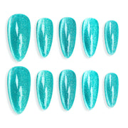 Handmade Medium Almond Press-On Nails - Blue Green Magnet Minimalist Gradation 10 Pcs #119