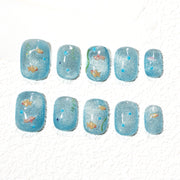 ハンドメイド ショート 短め スクエアオーバル ラウンド ネイルチップ– ブルー アニメ なつ シンプル 10枚セット #246