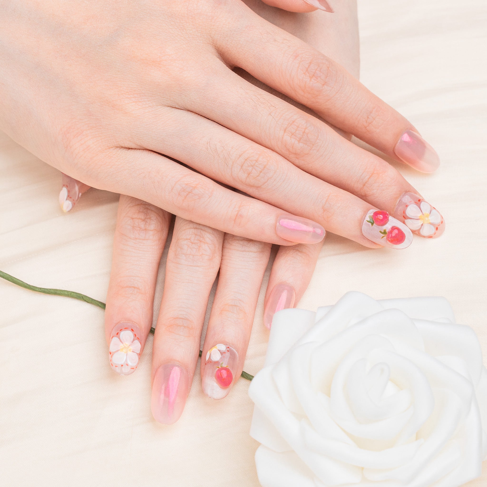 Handmade Medium Oval Press-On Nails - Pink Cartoon glossy Hand-Painted 10 Pcs #237