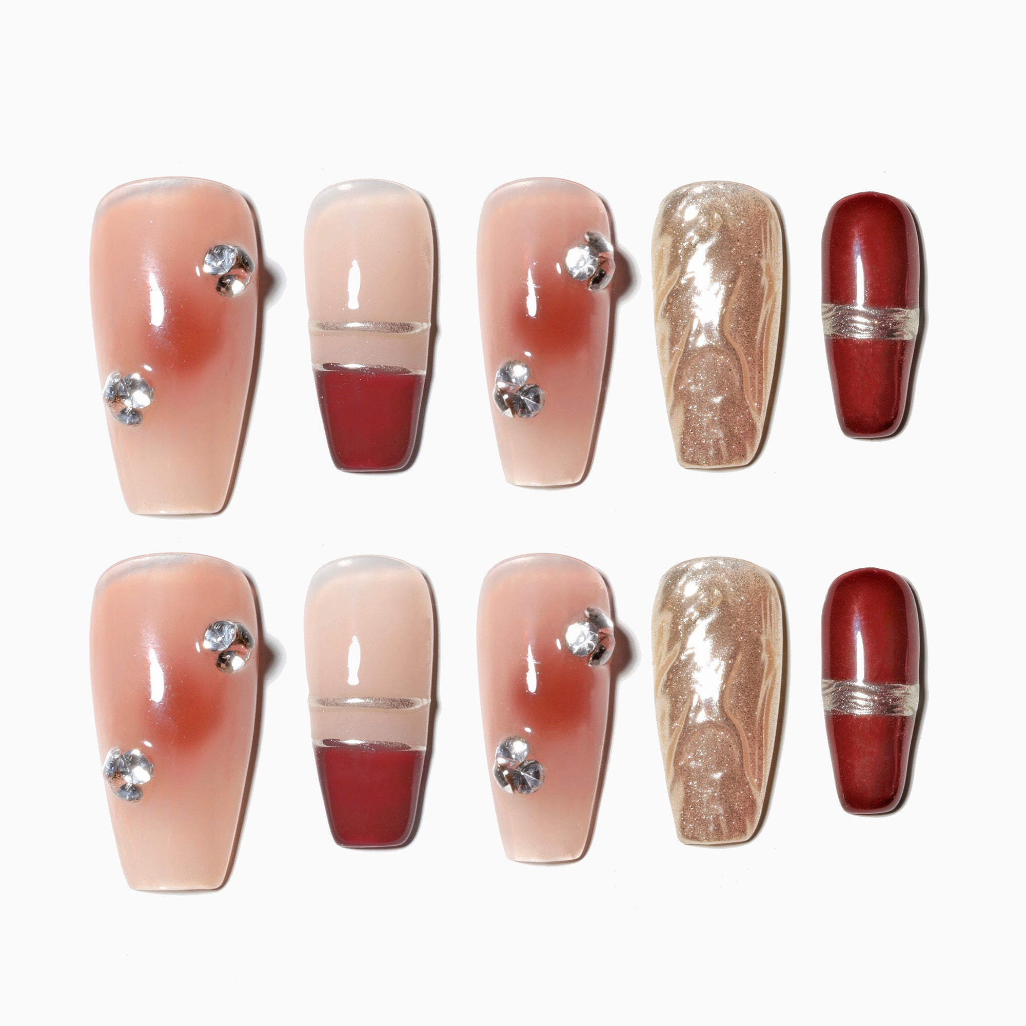 Ongles press-on faits main Moyen Coffin Ballerine – Rouge Doré Paillettes Français Strass 10 pièces #043