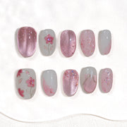 Handmade Medium Almond Press-On Nails - Pink Flower Magnet Ombre 10 Pcs #288