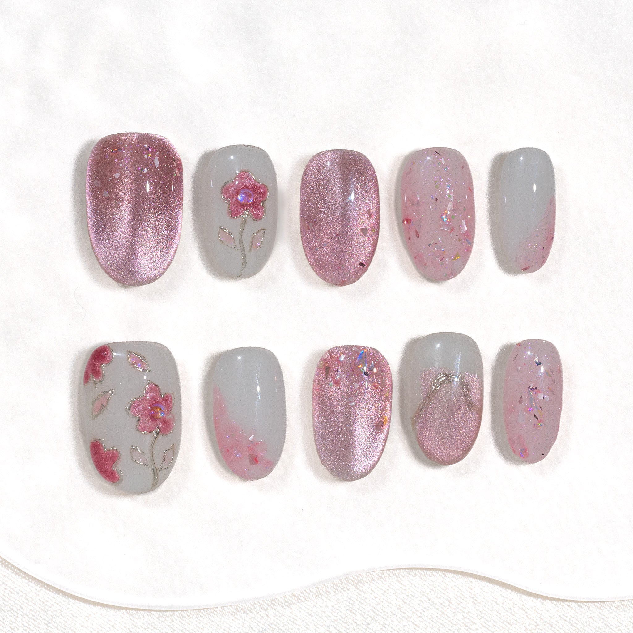 Handmade Medium Almond Press-On Nails - Pink Flower Magnet Ombre 10 Pcs #288