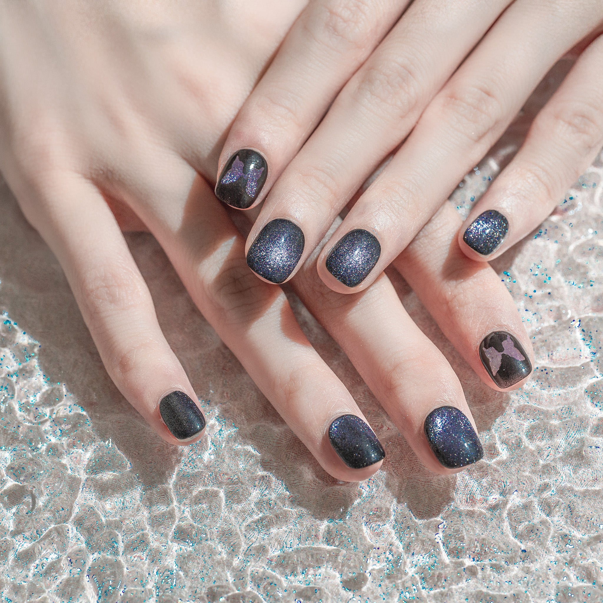 Handmade Short Squoval Round Press-On Nails - Black Magnet glossy Hand-Painted 10 Pcs #233