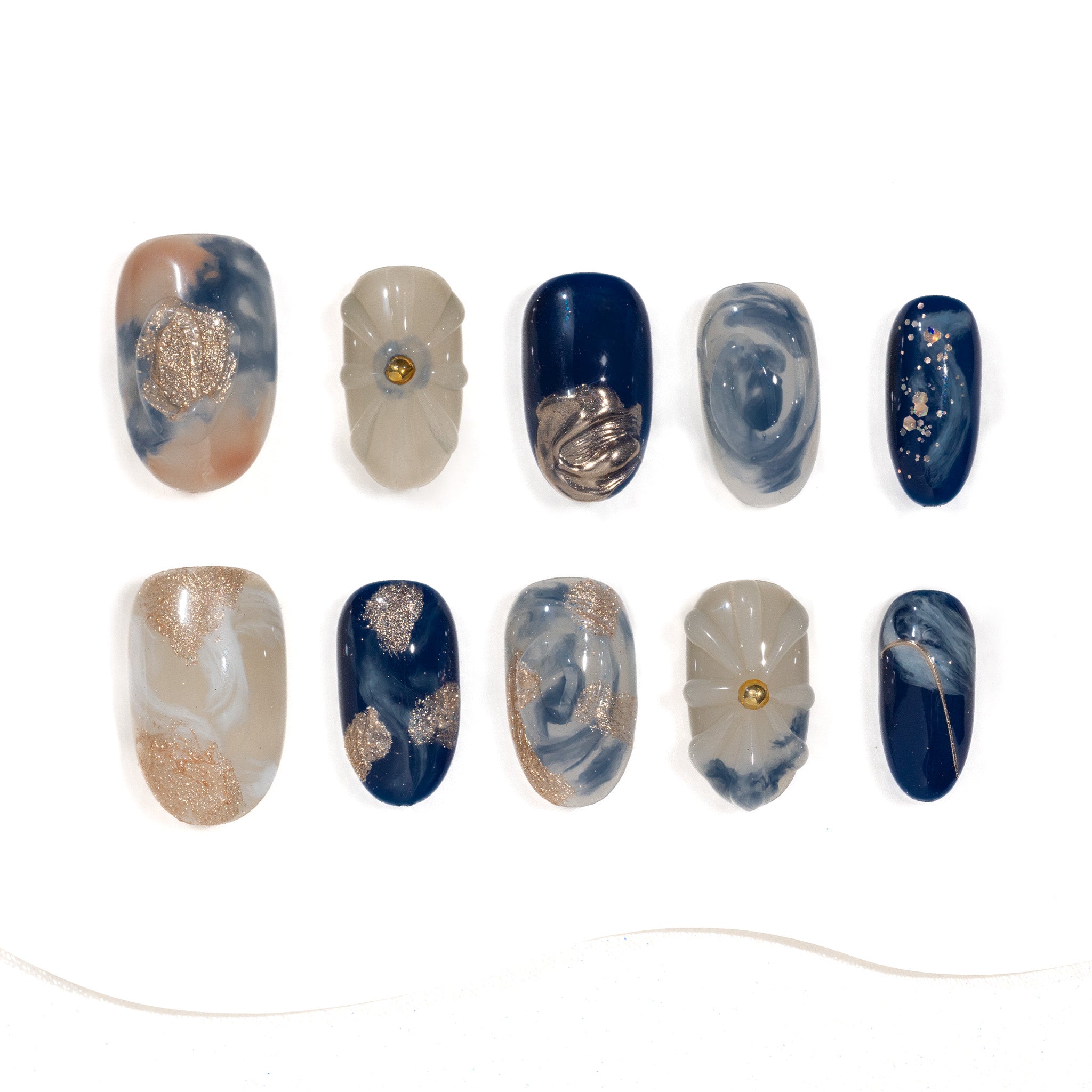 Handmade Medium Almond Press-On Nails - Blue Ombre Gradation Flower 10 Pcs #287