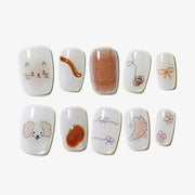 Handmade Short Square Press-On Nails - White Brown Kitten Puppy Sweet 10 Pcs #146