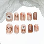 Handmade Short Squoval Round Press-On Nails - Nude Beige Pink Hand-Painted Gradation Cake 10 Pcs #199