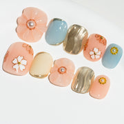Handmade Short Squoval Round Press-On Nails - Pink Blue Gold Flower 3D Sweet 10 Pcs #100