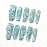 Handmade Medium Coffin Ballerina Press-On Nails - Blue 3D Flower Minimalist 10 Pcs #245