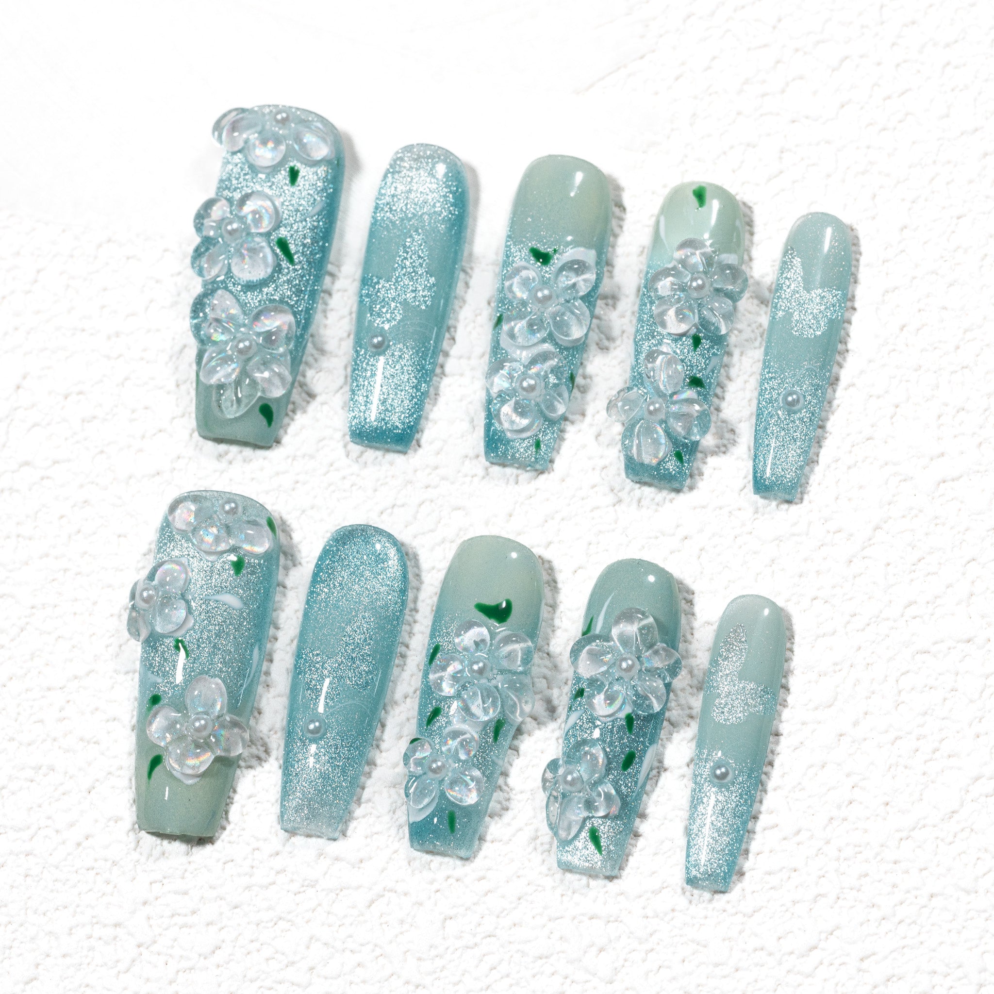 ハンドメイド ミディアム コフィン バレリーナ ネイルチップ– ブルー 3D フラワー シンプル 10枚セット #245