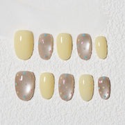 Handmade Medium Oval Press-On Nails - Yellow Rhinestone glossy Hand-Painted 10 Pcs #235