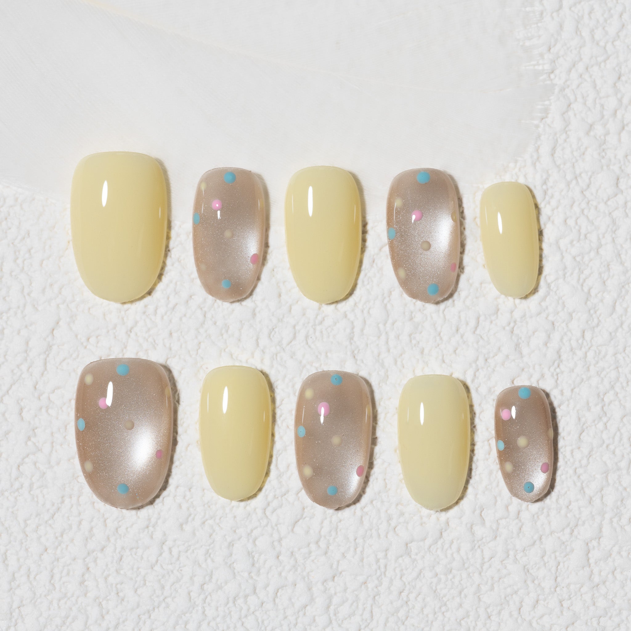 Handmade Medium Oval Press-On Nails - Yellow Rhinestone glossy Hand-Painted 10 Pcs #235