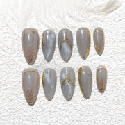 Handmade Medium Almond Press-On Nails - Blue Gold Ombre Hand-Painted Gradation 10 Pcs #230