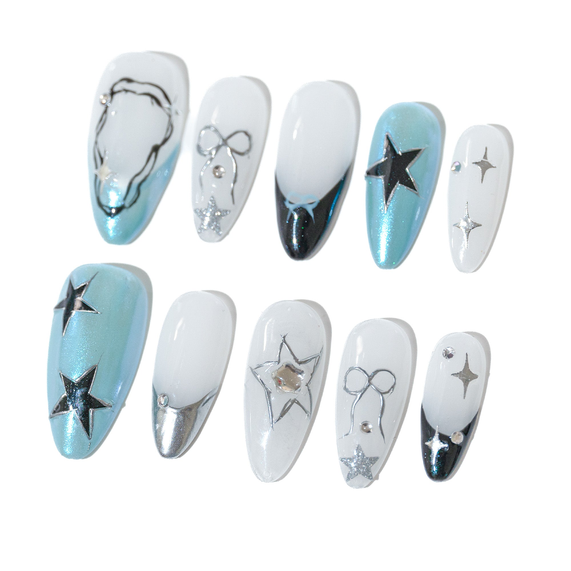Handmade Medium Almond Press-On Nails - Blue Black White French Star Bow 10 Pcs #218