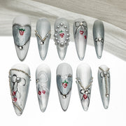 Handmade Long Stiletto Amlond Press-On Nails - Silver Red White Strawberry Pearl Hand-Painted 10 Pcs #173