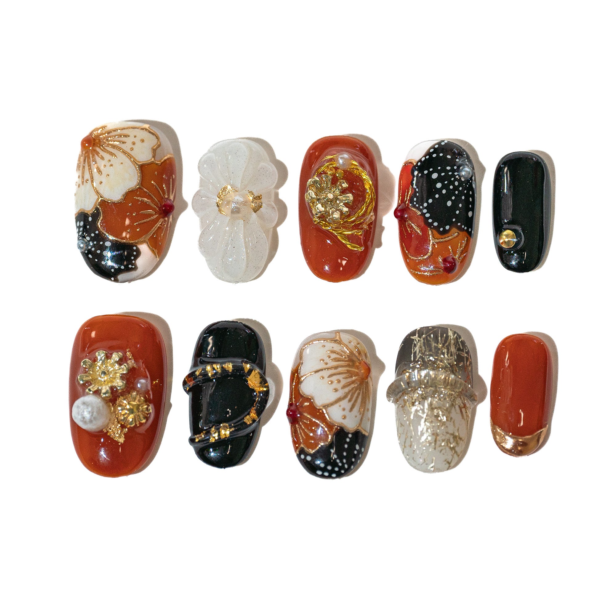 Handmade Short Round Press-On Nails - Red Black Gold Flower 3D Hand-Painted 10 Pcs #216