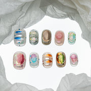ハンドメイド ショート 短め スクエアオーバル ラウンド ネイルチップ– ブルー グリーン オレンジ むらさき ニュアンス 手描き 3D 10枚セット #206