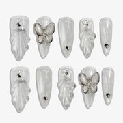 Handmade Long Stiletto Amlond Press-On Nails - White Silver Butterfly Rhinestone Glitter 10 Pcs #020