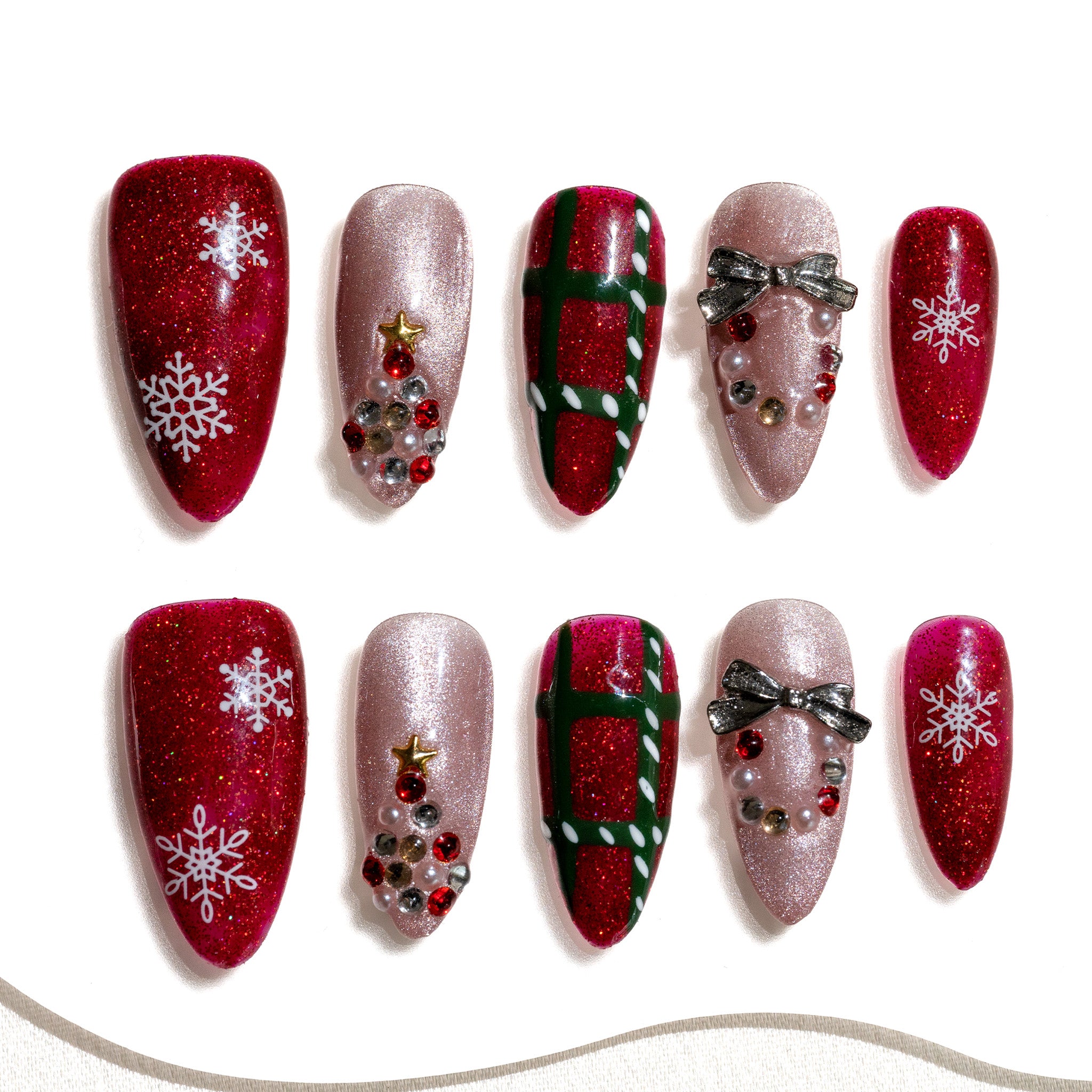 Handmade Medium Almond Press-On Nails - Red Winter Plaid Christmas Xmas 10 Pcs #280