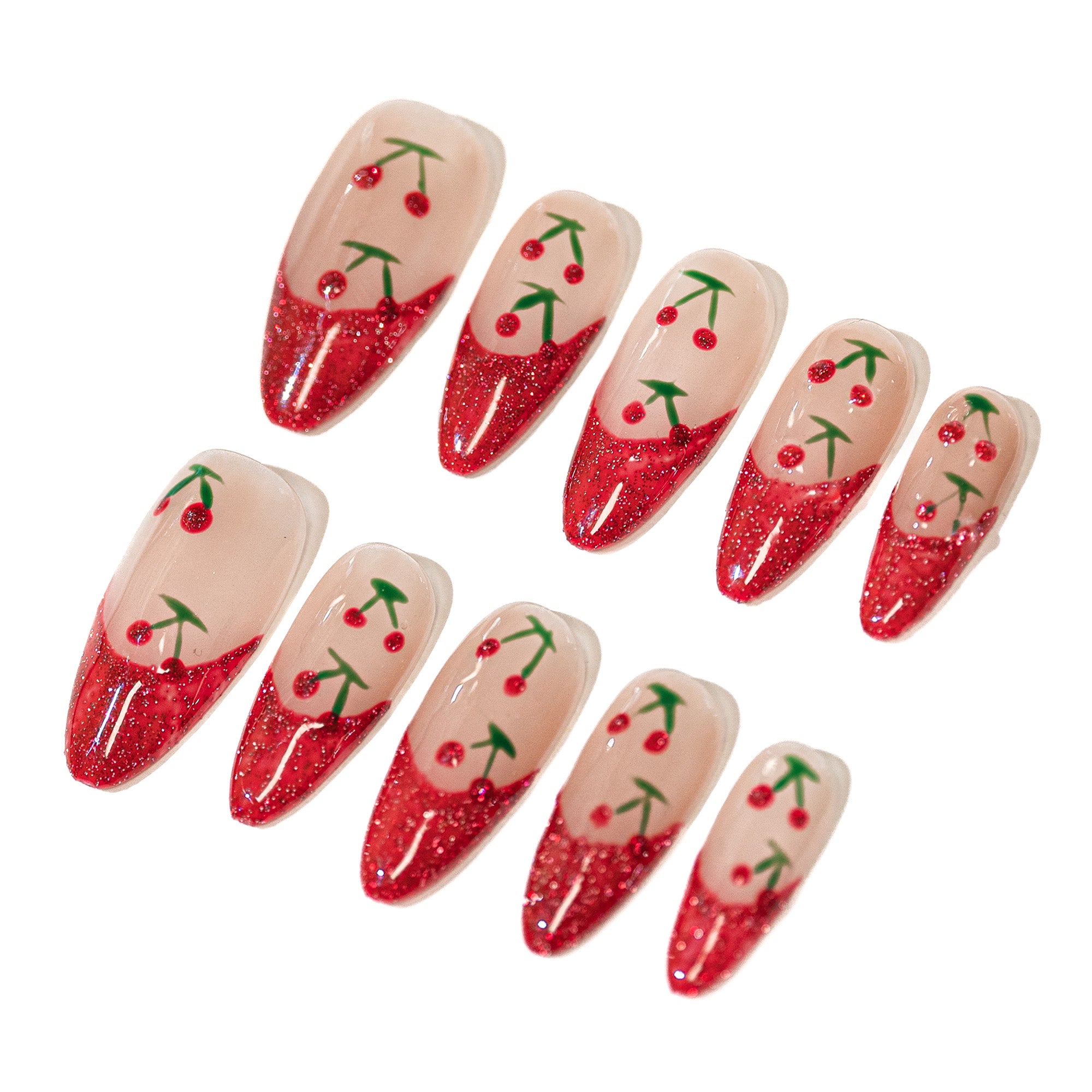 Ongles press-on faits main Moyen Amande – Rouge Beige nude Français Cerise Mignon 10 pièces #217