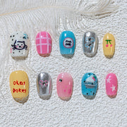 Handmade Short Square Press-On Nails - Yellow Blue Silver White Rhinestone Glitter Hand-Painted 10 Pcs #226