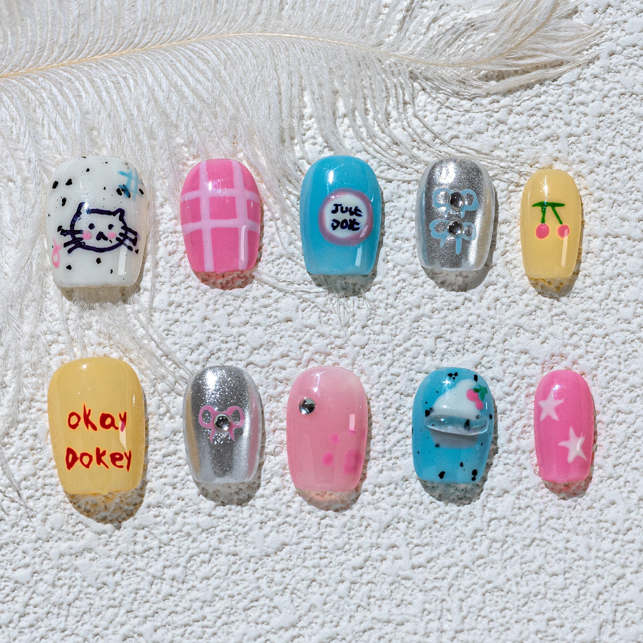 Handmade Short Square Press-On Nails - Yellow Blue Silver White Rhinestone Glitter Hand-Painted 10 Pcs #226