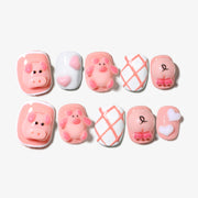 Handmade Short Squoval Round Press-On Nails - Pink White 3D Cartoon Japanese 10 Pcs #157